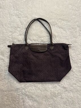 Longchamp Deep Purple Brown Tote with Croc-Texture Flap